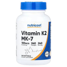 Vitamin K2 MK-7 softgel bottle with blue cap and label, 100 mcg 240 softgels