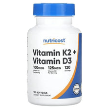 Nutricost Vitamin K2 + Vitamin D3 softgel supplement bottle with blue cap, front label