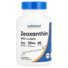 Zeaxanthin with Lutein supplement bottle with blue cap; front label shows 60 softgels.