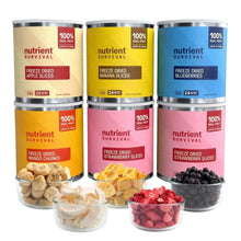 Freeze-dried fruit variety canisters with flavors: apple, banana, blueberries, mango, strawberry