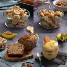Glass bowls of freeze-dried fruit pieces with bread slices and a yogurt cup
