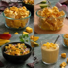 Glass bowls and cups of freeze-dried mango pieces with mango drink