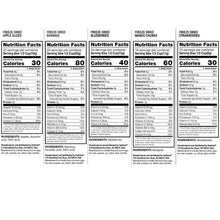 Freeze-dried fruit variety nutrition facts label panels, serving and ingredients text