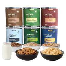 Freeze-dried emergency food variety pack with six canisters and three serving bowls