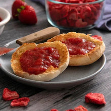Mini flatbreads topped with strawberry jam and freeze-dried strawberry slices