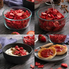 Multiple bowls of freeze-dried strawberry slices with flatbread on plates