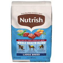 Nutrish large-breed dry dog food bag, blue/white with whole health blend label