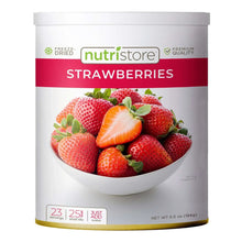 Freeze-dried strawberries canister with Nutristore branding and strawberry fruit photo