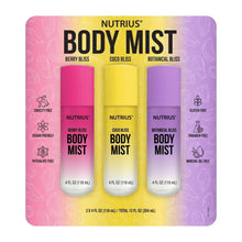 Nutrius Body Mist 3-pack with Berry, Coco, and Botanical bottles (4 fl oz each)