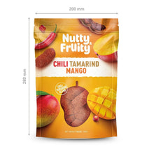 Chili tamarind mango snack pouch, front view with size dimensions shown