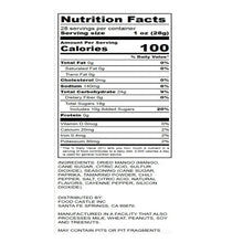 Nutrition facts panel for chili tamarind mango snack, 28 servings per container