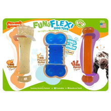 Nylabone Fun Flexi dog toy set package with beige, blue, and orange chew toys