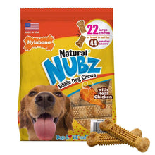 Natural NUBZ edible dog chew bag with chicken flavor, red-and-yellow, 22-count; bone shown