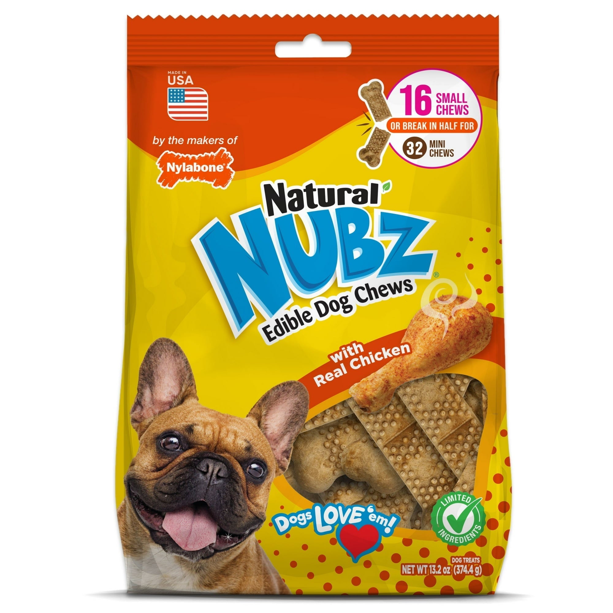 Nylabone Natural Nubz Edible Dog Dry Chew Treat, Chicken Flavor, Small
