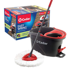 Spin mop and bucket system with red wringer, gray bucket, and white microfiber pad