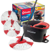 Power spin mop system with red-and-black wringer bucket and white microfiber mop head