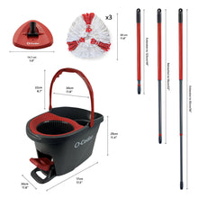 Spin mop system with wringer bucket, three white microfiber mop heads, and red handle poles