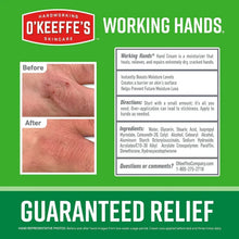 O'Keeffe's Working Hands guaranteed relief skincare card with before-and-after hands