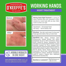 O'Keeffe's Working Hands Night Treatment package insert with before-and-after