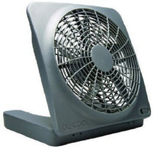 Gray 10-inch portable camping fan with front grille and base stand