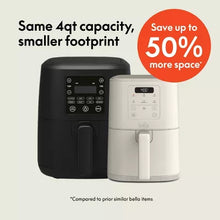 Compact air fryer shown in black and light beige side-by-side with control panels