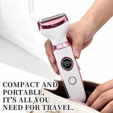 Handheld electric bikini trimmer with pink and white body and compact travel-style pouch