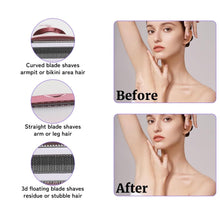 Electric shaver with different blade profiles for armpit and bikini area, before and after views