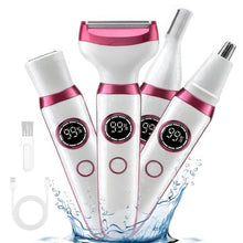 Electric bikini trimmer set with four white and pink heads, cordless design with LED displays