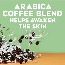 OGX coconut coffee scrub & wash graphic featuring arabica coffee blend