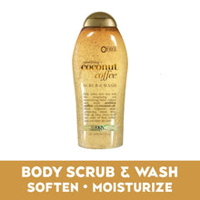 Coconut coffee scrub & wash bottle, gold cap and beige speckled label front