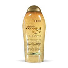 OGX coconut coffee scrub & wash bottle with gold cap, front label visible