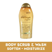 OGX coconut coffee scrub & wash bottle with gold cap; body scrub & wash text