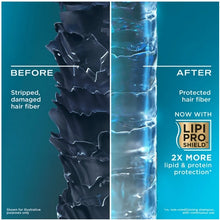 Split image showing hair fiber protection effect labeled before and after