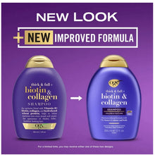 OGX thick & full biotin & collagen shampoo and conditioner bottles, purple with gold caps