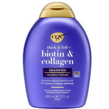 OGX thick & full biotin & collagen shampoo bottle, purple with gold cap