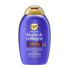 OGX thick & full biotin & collagen shampoo bottle, purple with gold cap, LIP PRO