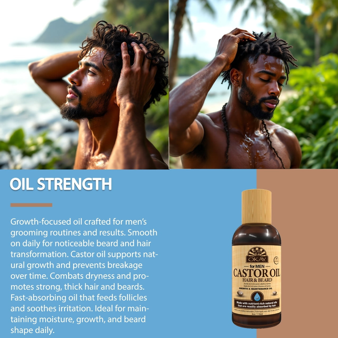 OKAY Men Castor Oil Beard & Hair Growth Oil Lightweight – Moisturizing & Growth-Stimulating Grooming Oil, Silicone & Paraben-Free, All Hair & Beard Types, 4 oz / 118 ml