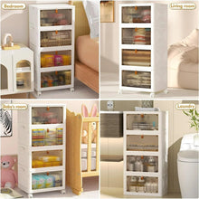 4-tier folding storage cabinet with tinted mesh doors, open side view on rolling wheels, white