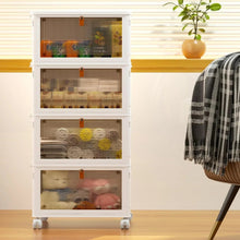 4-tier rolling storage cabinet with four tinted mesh compartments and orange latch, white