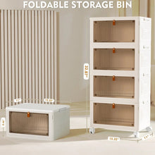 Foldable 4-tier rolling storage cabinet with tinted mesh compartments and hinged lid, white