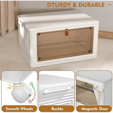 White plastic storage bin with tinted mesh front, hinged lid, and rolling wheels