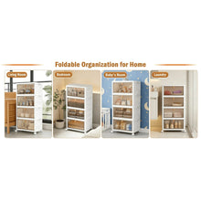 4-tier folding storage cabinet on wheels with tinted mesh compartments and hinged lid, white