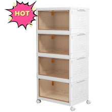 4-tier wheeled plastic storage cabinet with tinted mesh doors and hinged lids, white frame