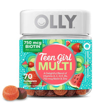 Teen girl multivitamin gummy bottle with white cap and teal front label, 70 gummies
