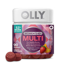 Women's 40+ multi gummy supplement bottle, purple label, 90-count.