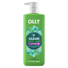 Green body wash bottle with white pump, Clear Mood + Skin label