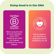 Certification badges for B Corp and OLLY Feel Good Project