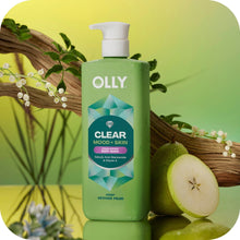 Green body wash bottle with white pump with pear slice and leaves