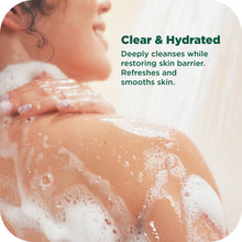 Body wash lather over shoulders under a shower stream, clear and hydrated text