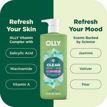 Green body wash bottle with white pump centered on refresh information layout